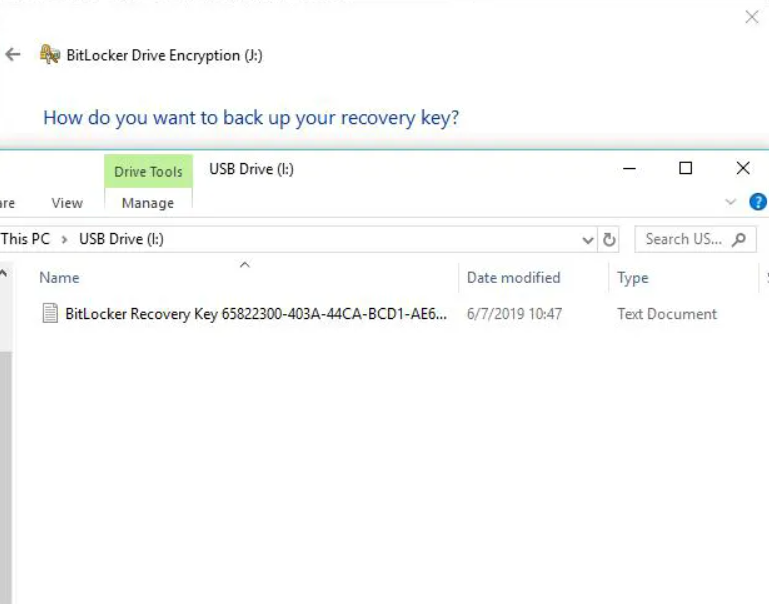 BitLocker recovery key on a USB flash drive